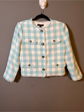 Ann Taylor Blue and White Gingham Tweed Jacket